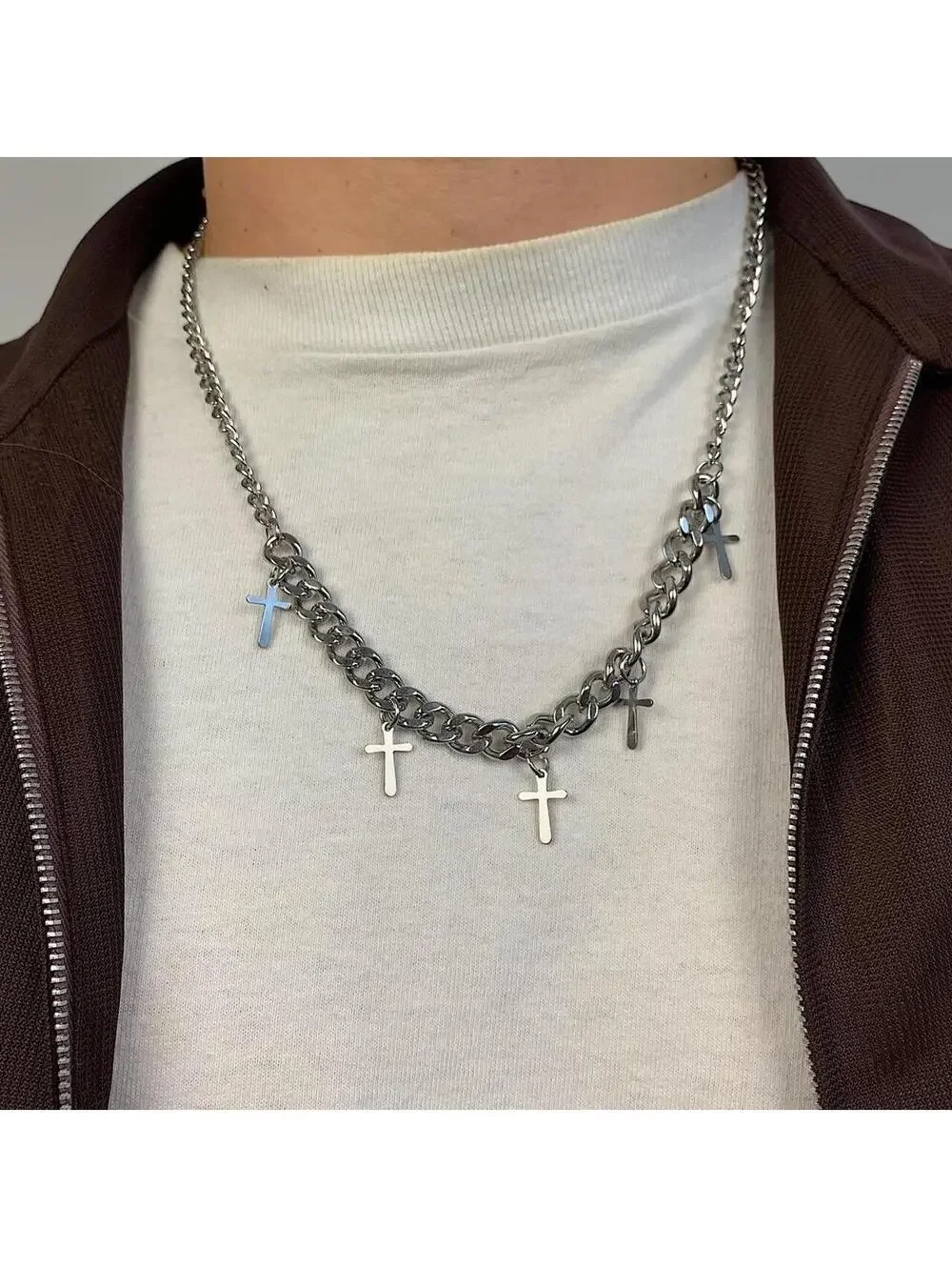 Stainless steel Cyber y2k 2000s style Multi Cross Cuban Link Necklace. 22.5